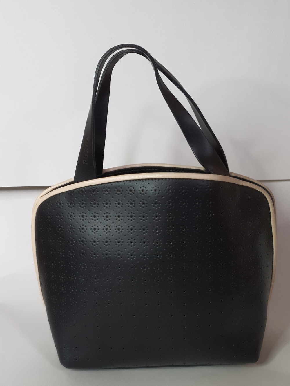 Furla Black Small Leather Tote Bag with Cream Trim